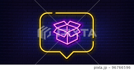 Neon light speech bubble. Open box line icon. Delivery parcel sign. Cargo package symbol. Neon light background. Open box glow line. Brick wall banner. Vector 96766596