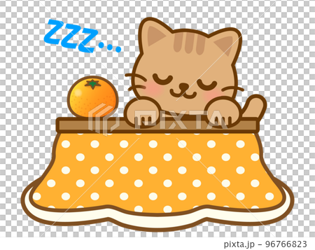 一隻睡在被爐上的可愛棕色虎斑貓的插圖素材 一隻睡在被爐上的可愛棕色虎斑貓的插圖素材 96766823