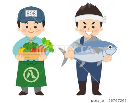 野菜を持った八百屋 マグロを抱えた魚屋 野菜を持った八百屋 マグロを抱えた魚屋 96767265