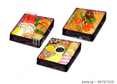 手描き水彩のお節料理お重セット 96767320