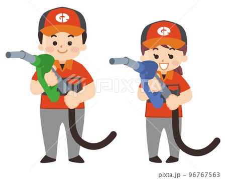 ガソリンスタンドの給油スタッフの男女 96767563