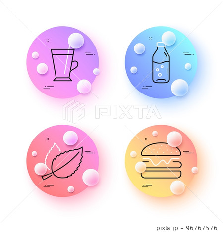 Mint leaves, Burger and Water bottle minimal line icons. 3d spheres or balls buttons. Coffee cup icons. For web, application, printing. Mentha herbal, Hamburger food, Soda drink. Latte drink. Vector 96767576