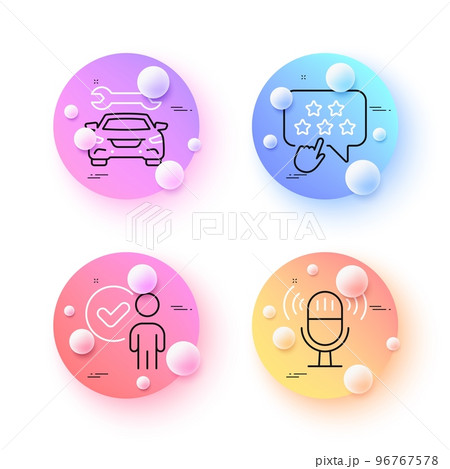 Microphone, Car and Ranking star minimal line icons. 3d spheres or balls buttons. Verification person icons. For web, application, printing. Mic, Car service, Click rank. Approved client. Vector 96767578