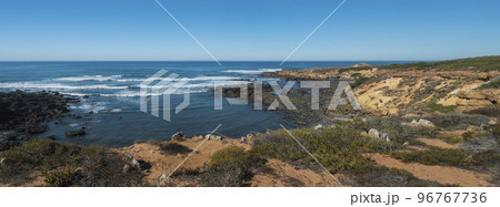 Panoramic view of sea shore, wild Rota Vicentina coast with ocean waves, sharp rock and green and red leaves of sour fig flower near Vila Nova de Milfontes, Portugal. Sunny day, blue sky. 96767736