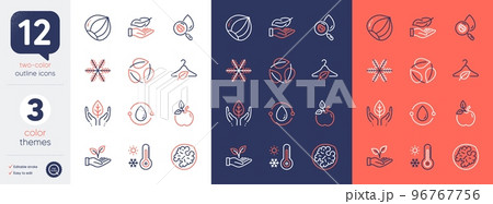 Set of Slow fashion, Hazelnut and Cold-pressed oil line icons. Include Helping hand, Fair trade, Eco food icons. Walnut, Weather thermometer, Snowflake web elements. Leaves, Lightweight. Vector Set of Slow fashion, Hazelnut and Cold-pressed oil line icons. Include Helping hand, Fair trade, Eco food icons. Walnut, Weather thermometer, Snowflake web elements. Leaves, Lightweight. Vector 96767756