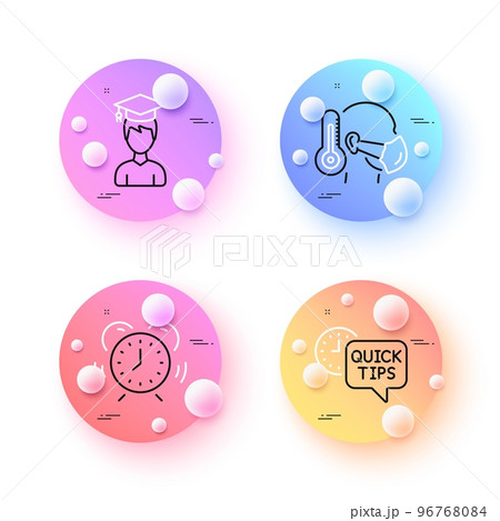 Quick tips, Time management and Sick man minimal line icons. 3d spheres or balls buttons. Student icons. For web, application, printing. Helpful tricks, Alarm clock, Epidemic protection. Vector Quick tips, Time management and Sick man minimal line icons. 3d spheres or balls buttons. Student icons. For web, application, printing. Helpful tricks, Alarm clock, Epidemic protection. Vector 96768084