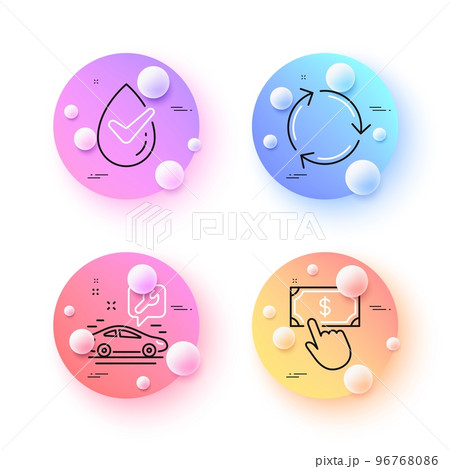 Payment click, Car service and Dermatologically tested minimal line icons. 3d spheres or balls buttons. Recycling icons. For web, application, printing. Vector Payment click, Car service and Dermatologically tested minimal line icons. 3d spheres or balls buttons. Recycling icons. For web, application, printing. Vector 96768086
