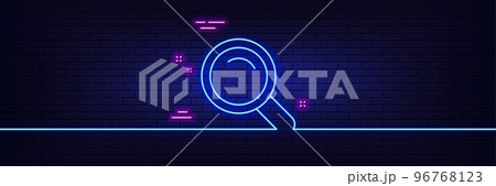 Neon light glow effect. Search line icon. Magnifying glass sign. Enlarge tool symbol. 3d line neon glow icon. Brick wall banner. Search outline. Vector 96768123