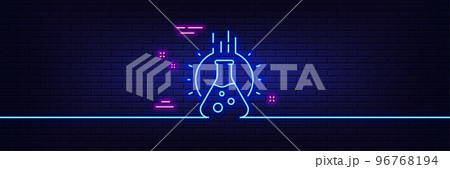 Neon light glow effect. Chemistry lab line icon. Laboratory flask sign. Analysis symbol. 3d line neon glow icon. Brick wall banner. Chemistry lab outline. Vector 96768194
