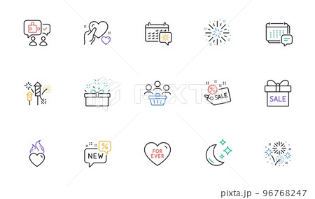 Puzzle, Fireworks explosion and Present box line icons for website, printing. Collection of Message, Sale offer, Fireworks icons. Buyers, Heart flame, New web elements. Travel calendar. Vector 96768247