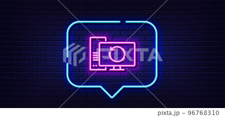 Neon light speech bubble. Recovery computer line icon. Backup data sign. Restore information symbol. Neon light background. Recovery computer glow line. Brick wall banner. Vector 96768310