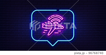 Neon light speech bubble. Airplane wifi line icon. Aircraft wi-fi sign. Inflight internet symbol. Neon light background. Airplane wifi glow line. Brick wall banner. Vector 96768740