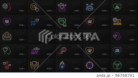 Set of Lgbt, Kiss me and Hold heart line icons. Include Friends chat, Valentine target, Love letter icons. Like button, Genders, Friend web elements. Love champagne, Inclusion, Miss you. Vector 96768791