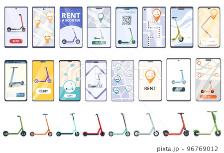 Scooter rental icons set cartoon vector. Electric parking. Charging traffic 96769012