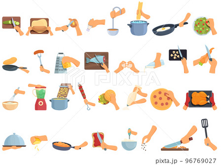 Preparation food icons set cartoon vector. Cook hands. Prepare cut 96769027