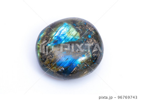 Natural gemstone labradorite isolated on white background. Dark gray labradorite with an inner iridescent glow on a white background 96769743