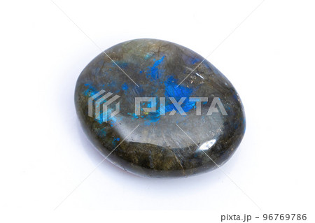Natural gemstone labradorite isolated on white background. Dark gray labradorite with an inner iridescent glow on a white background 96769786