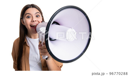 photo of shocked teen girl announcer hold loudspeaker. teen girl announcer with loudspeaker 96770288