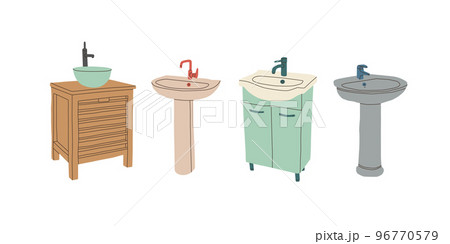 A washbasin with a foot and a washbasin with a cabinet. Toilet sink. Set of vector isolated illustrations on a white background. A washbasin with a foot and a washbasin with a cabinet. Toilet sink. Set of vector isolated illustrations on a white background. 96770579