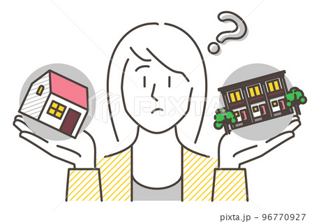 一戸建て持ち家か賃貸か。不動産物件を比較して悩む若い女性【ベクターイラスト素材】 一戸建て持ち家か賃貸か。不動産物件を比較して悩む若い女性【ベクターイラスト素材】 96770927
