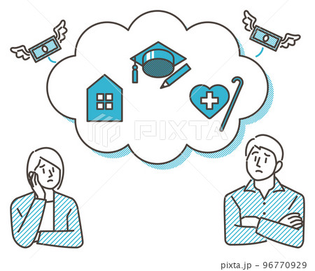 住宅ローン、教育費、医療費などお金のことで悩む＆考える夫婦【ベクターイラスト素材】 96770929