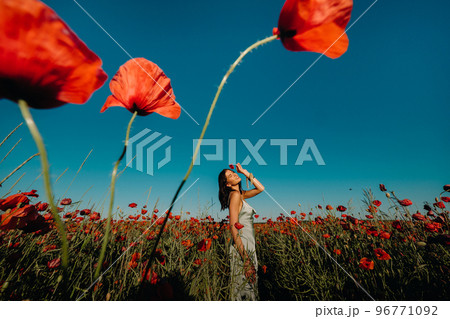 Portrait of a girl in a dress on a poppy field at sunset Portrait of a girl in a dress on a poppy field at sunset 96771092