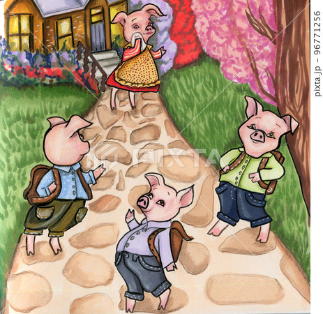Watercolor hand drawn three pigs. Story. Illustrations and a cover. Book page. Fairy tale book. Cute and funny cartoon characters. perferct for books, post cards, posters. Old folk story for children Watercolor hand drawn three pigs. Story. Illustrations and a cover. Book page. Fairy tale book. Cute and funny cartoon characters. perferct for books, post cards, posters. Old folk story for children 96771256