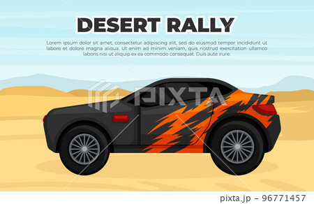 Desert rally banner. Off road car on background of desert landscape vector Desert rally banner. Off road car on background of desert landscape vector 96771457