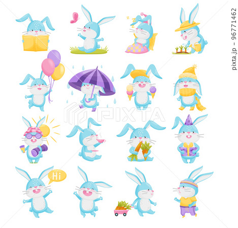 Cute little bunny characters set. Funny cheerful little animal walking with umbrella, eating ice cream, celebrating birthday cartoon vector Cute little bunny characters set. Funny cheerful little animal walking with umbrella, eating ice cream, celebrating birthday cartoon vector 96771462