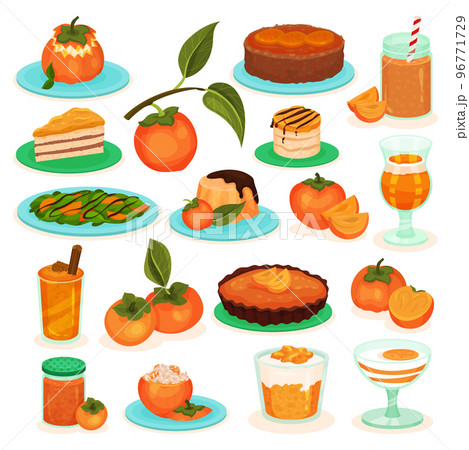 Persimmon Fruit as Ingredient in Fresh Juicy Dessert Food Big Vector Set 96771729