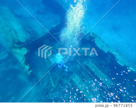 Sunken ship under the sea. Beautifiul underwater colorful coral reef at Caribbean Sea at Honeymoon Beach on St. Thomas, USVI Sunken ship under the sea. Beautifiul underwater colorful coral reef at Caribbean Sea at Honeymoon Beach on St. Thomas, USVI 96771855