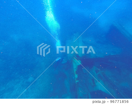 Sunken ship under the sea. Beautifiul underwater colorful coral reef at Caribbean Sea at Honeymoon Beach on St. Thomas, USVI Sunken ship under the sea. Beautifiul underwater colorful coral reef at Caribbean Sea at Honeymoon Beach on St. Thomas, USVI 96771856