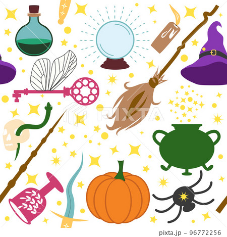 Magic items seamless pattern in flat style. School of Magic. Pumpkin, key, magic ball, feather, spider, purple hat, broom, skull, snake 96772256