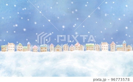 雪舞う夜の街の風景。水彩で描いた家々が連なる背景素材。 96773578