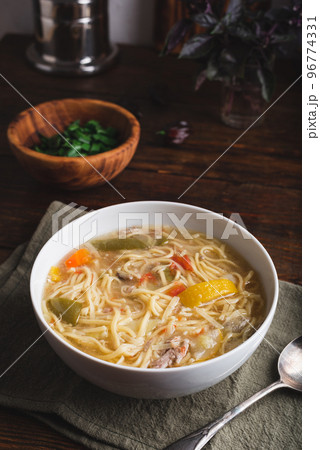 Noodle Soup with Vegetables and Duck Meat 96774331
