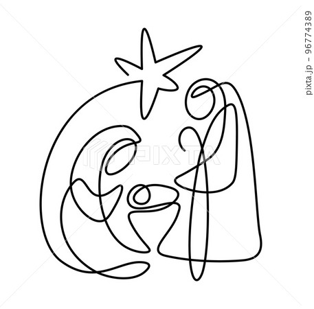Christmas Vector Christian icon religious Nativity Scene of baby Jesus with Mary Joseph and star. Continuous art line drawing, print and logo design, emblem one single line, isolated abstract Christmas Vector Christian icon religious Nativity Scene of baby Jesus with Mary Joseph and star. Continuous art line drawing, print and logo design, emblem one single line, isolated abstract 96774389
