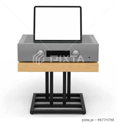 HiFi system with tablet and amplifier on stand for home theater on white. HiFi system with tablet and amplifier on stand for home theater on white. 96774798