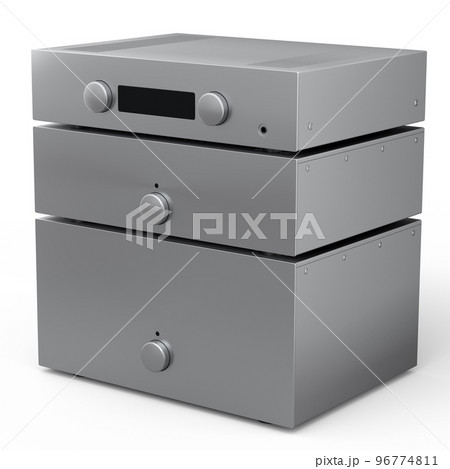 HiFi system with turntable and amplifier for home theater on white background. 96774811