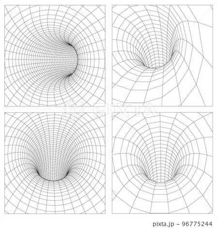 3d gravity quantum, vector wormhole illustration. Singularity abstract black hole vortex concept 3d illustration. Grid wormhole wireframe tunnel. EPS 10. 96775244