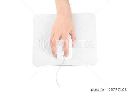 Woman with wired mouse and pad isolated on white, top view 96777108