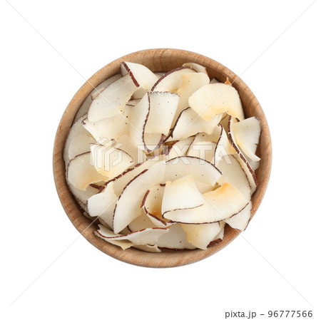 Bowl of coconut chips isolated on white, top view Bowl of coconut chips isolated on white, top view 96777566