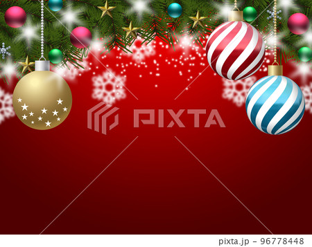 クリスマスの背景イラスト素材 キラキラとモミの木の枝(3_1) オーナメント有 レッド背景 ヨコ クリスマスの背景イラスト素材 キラキラとモミの木の枝(3_1) オーナメント有 レッド背景 ヨコ 96778448