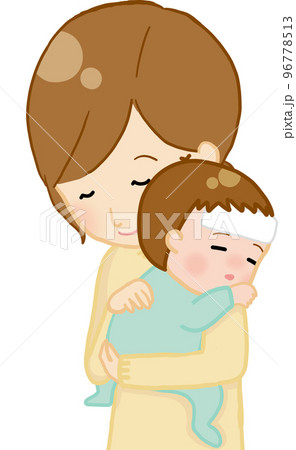 熱が出た赤ちゃんを抱っこするママ 96778513