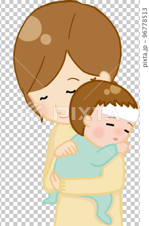 熱が出た赤ちゃんを抱っこするママ 96778513