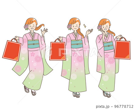 初売りセールで買い物をする女性のイラストセット素材 初売りセールで買い物をする女性のイラストセット素材 96778712