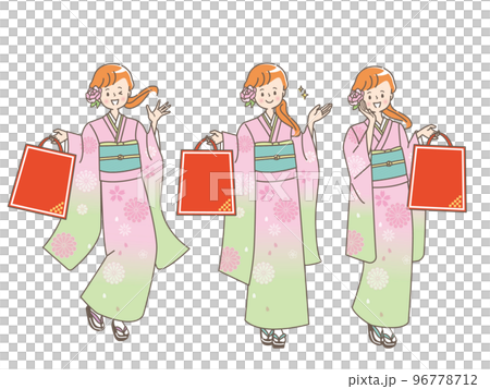 初売りセールで買い物をする女性のイラストセット素材 初売りセールで買い物をする女性のイラストセット素材 96778712