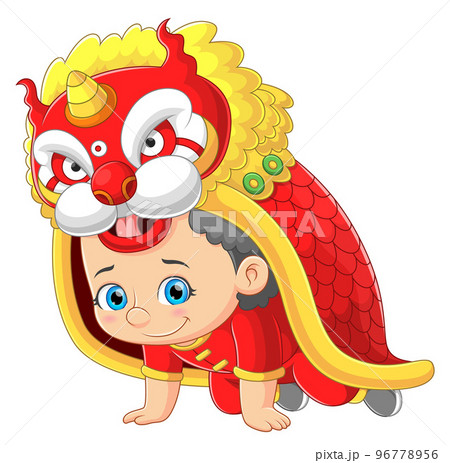 A Chinese boy dancing a Lion dance of illustration 96778956