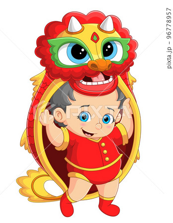 A Chinese baby boy dancing a Lion dance of illustration 96778957