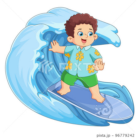 A Fat boy surfing on a big wave of illustration 96779242
