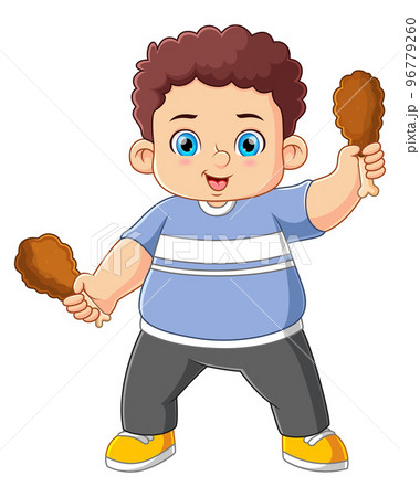 Cute boy holding two fried chicken of illustration 96779260